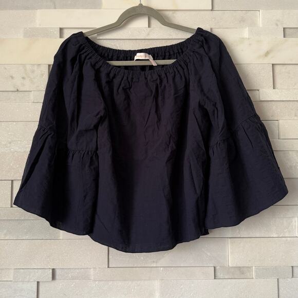 SEE CHLOE Oversize Crop Boxy Bell Sleeve Seersucker Crew on/off Shoulder Top 2 - Picture 2 of 8